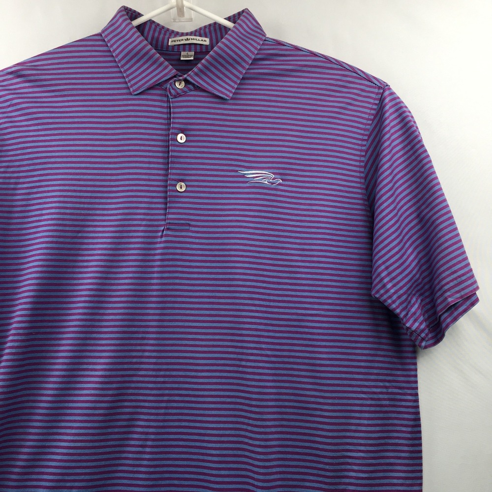 Peter Millar Polo Shirt Mens Large Purple Blue Striped Cotton Short Sleeve Logo